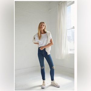 Free People Sabrina Skinny Jeans Dark Wash Button Fly Distressed